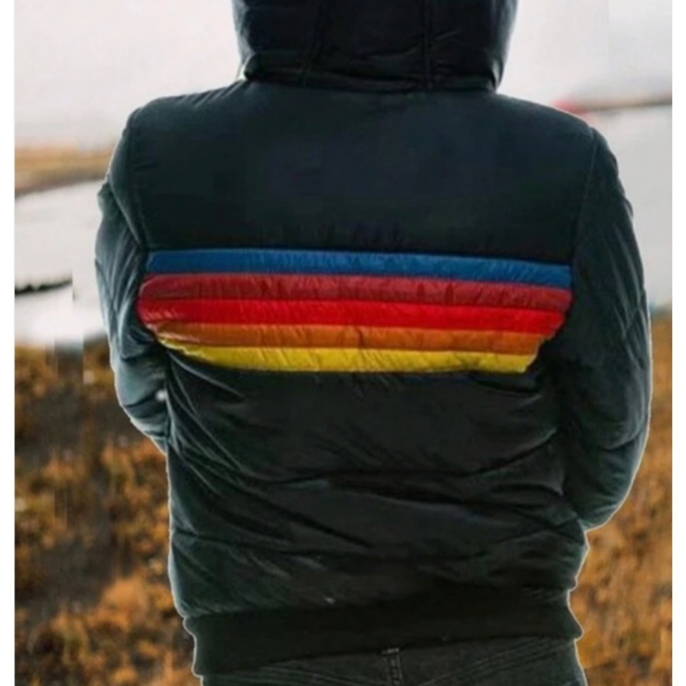 Stylish Black Puffer Jacket with Colorful Stripes - Picture 4 of 10